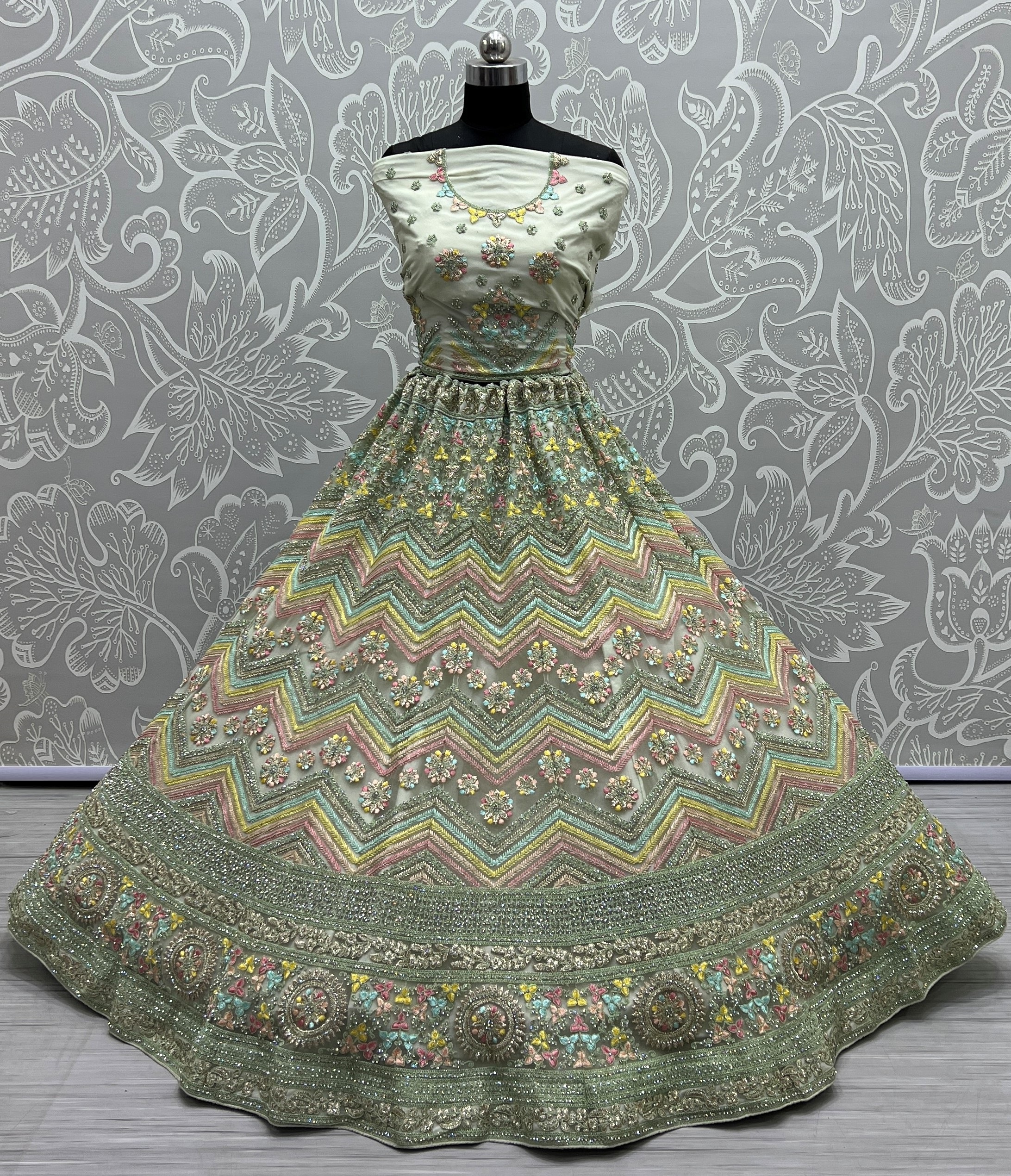 Pista Thread embroidered combine with zari work lehenga choli 